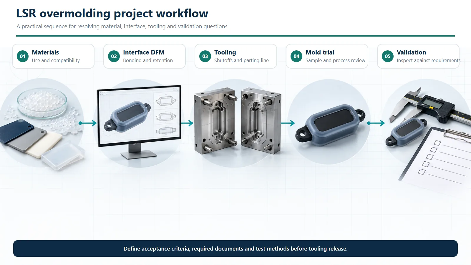 Five-stage LSR overmolding workflow covering material selection, interface DFM, tooling, mold trial and validation.