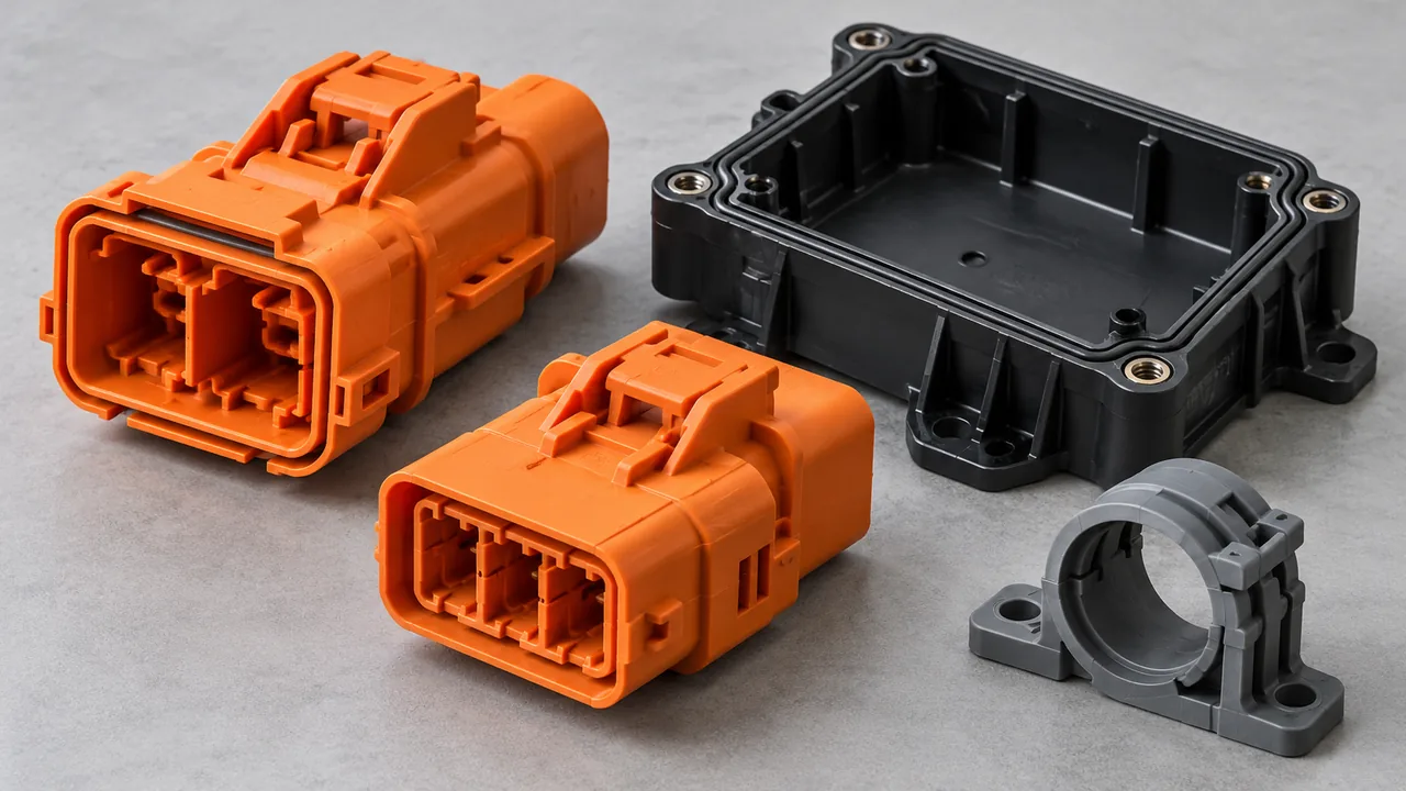 Illustrative EV connector housings, electronic enclosure and cable clamp