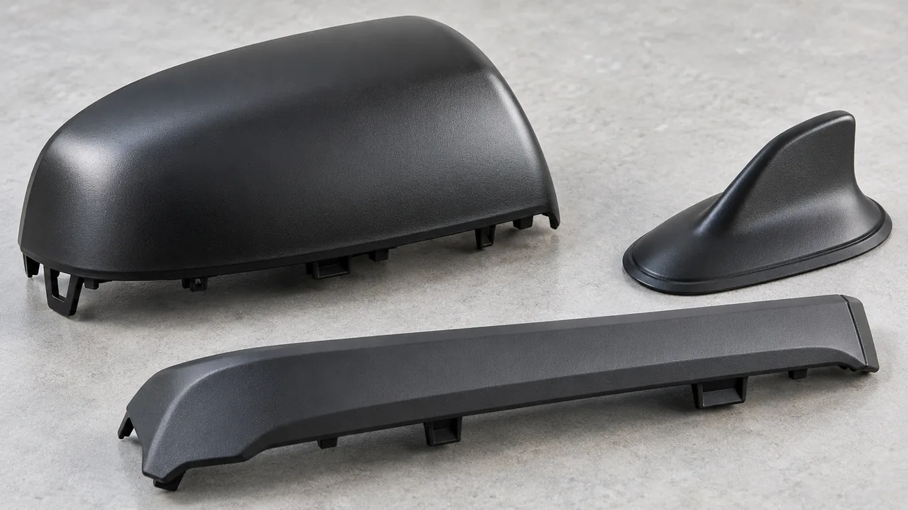 Illustrative automotive mirror cover, antenna housing and protective trim