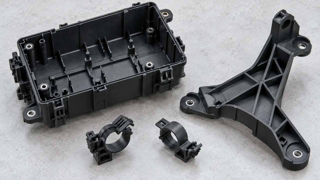 Illustrative automotive fuse-box housing, mounting bracket and cable clips