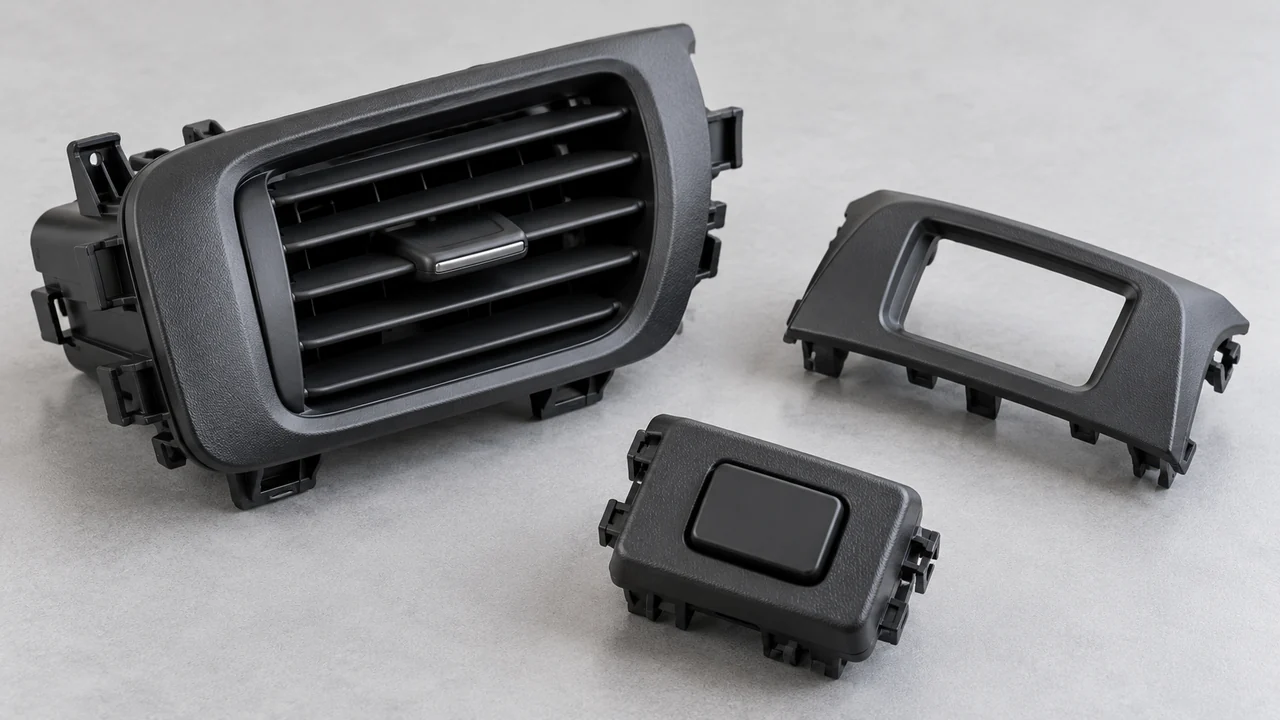 Illustrative automotive air vent, control-panel bezel and button housing