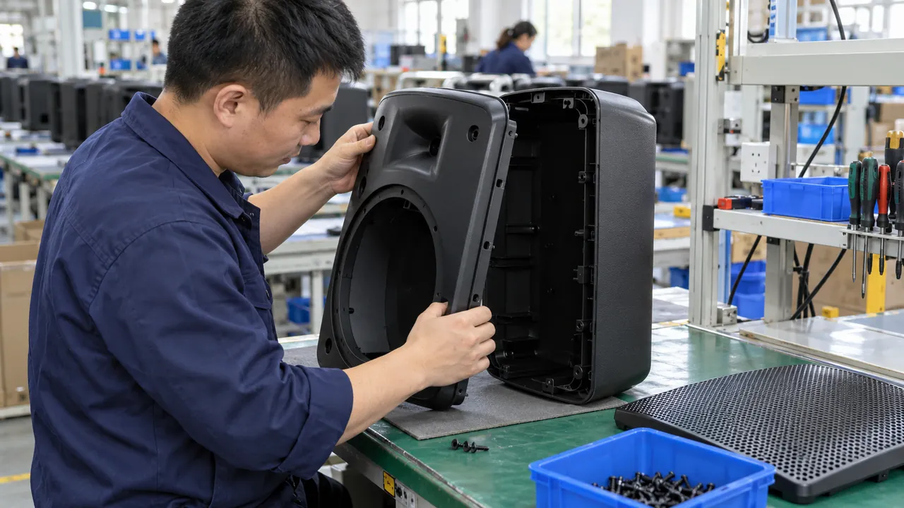 Illustrative assembly fit check of plastic speaker enclosure parts