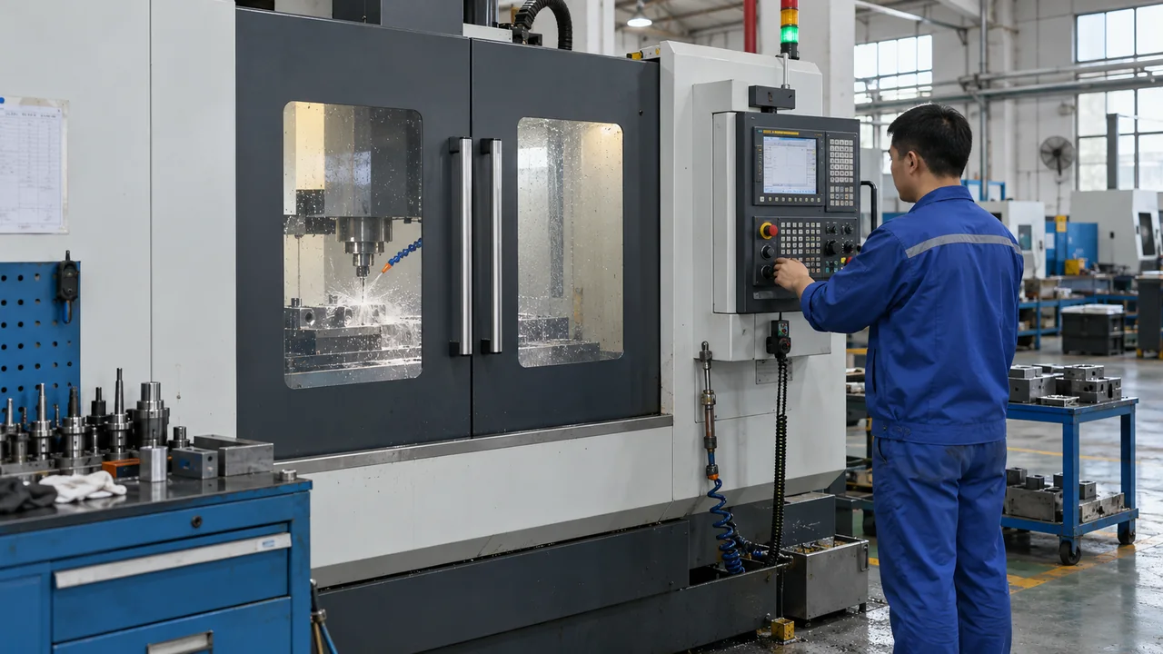 Machinist operating a CNC machining center from outside the closed machine guard