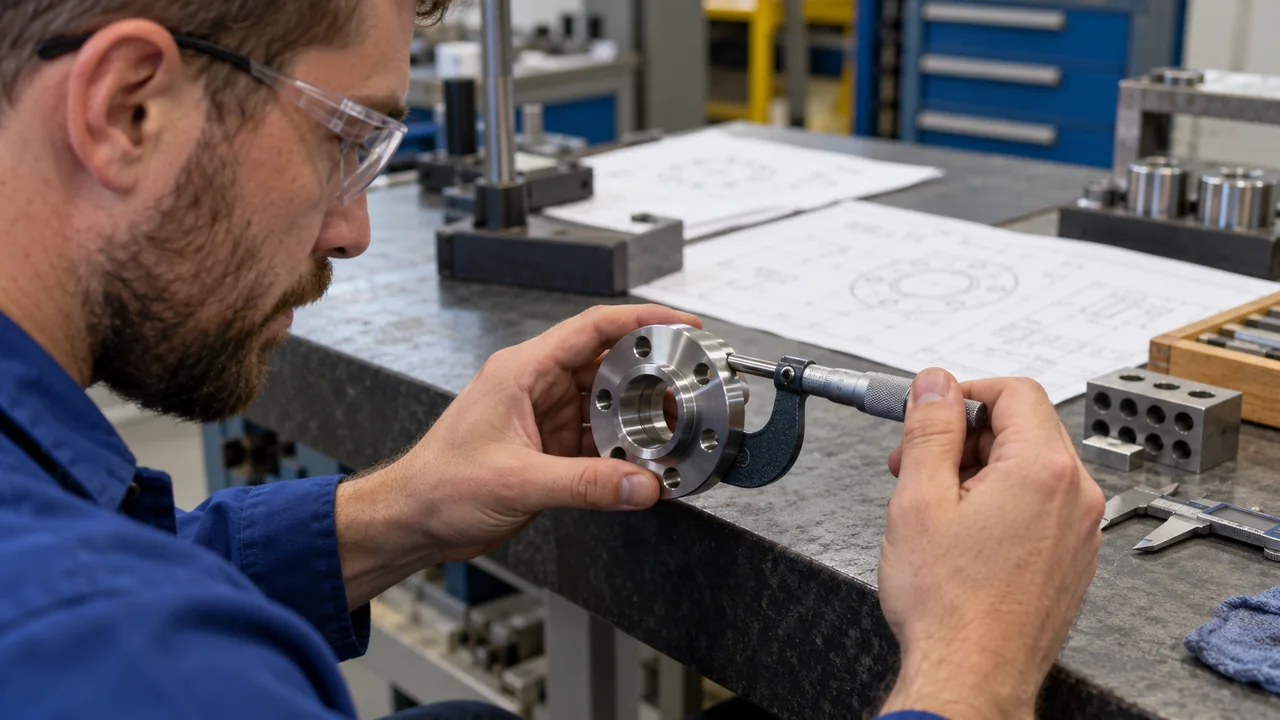 Technician reviewing a machined flange with a measurement tool