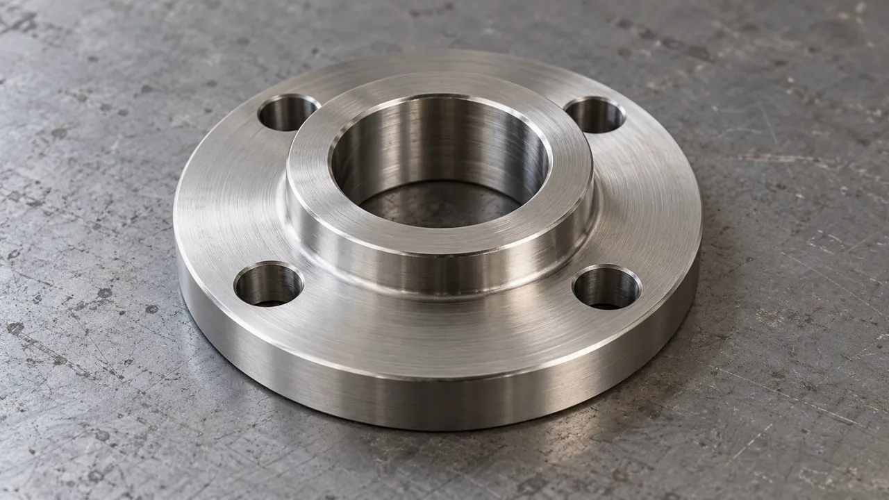 Machined stainless steel flange with a central bore and mounting holes