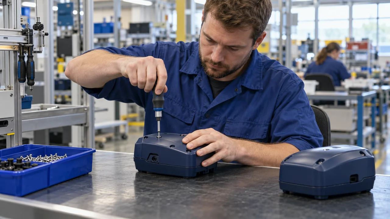 Technician fastening a plastic enclosure at an assembly workstation
