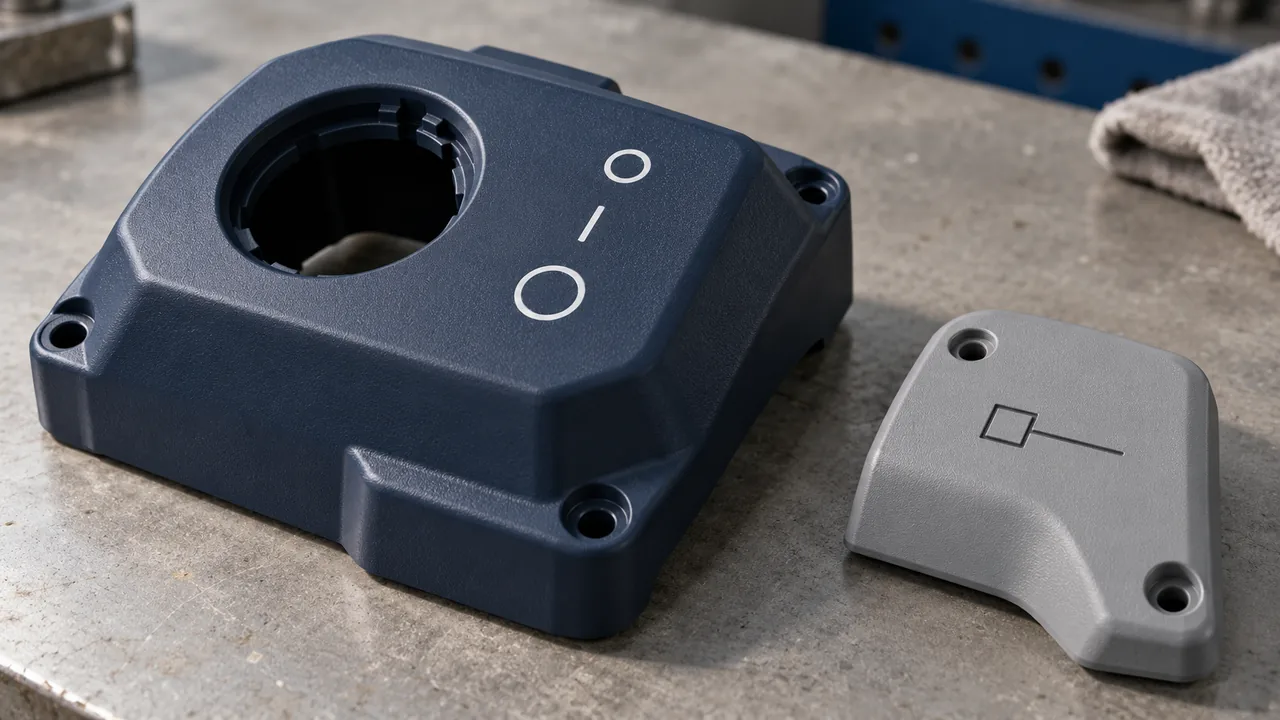 Plastic housing examples with printed symbols and a laser marked detail