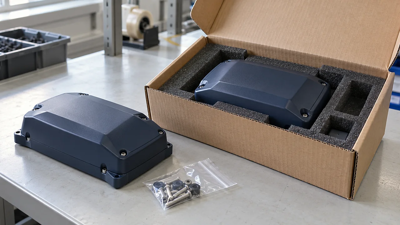 Finished plastic enclosure assemblies with protective foam packaging