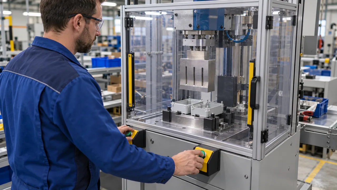 Technician operating a guarded plastic joining workstation