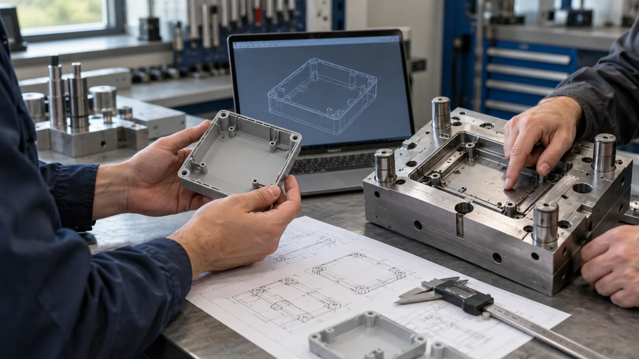 Illustrative engineer reviewing molded-part geometry