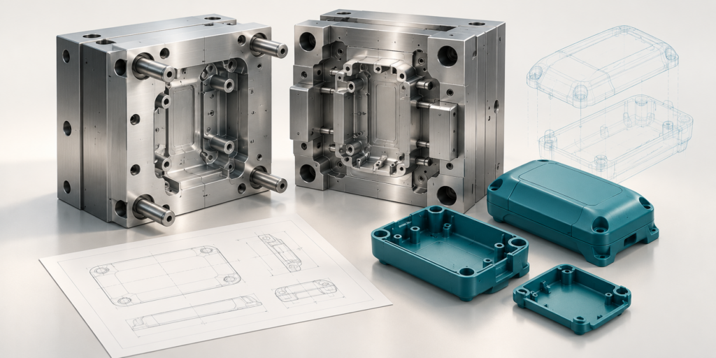 Illustration of an injection mold, custom plastic parts, and engineering drawings