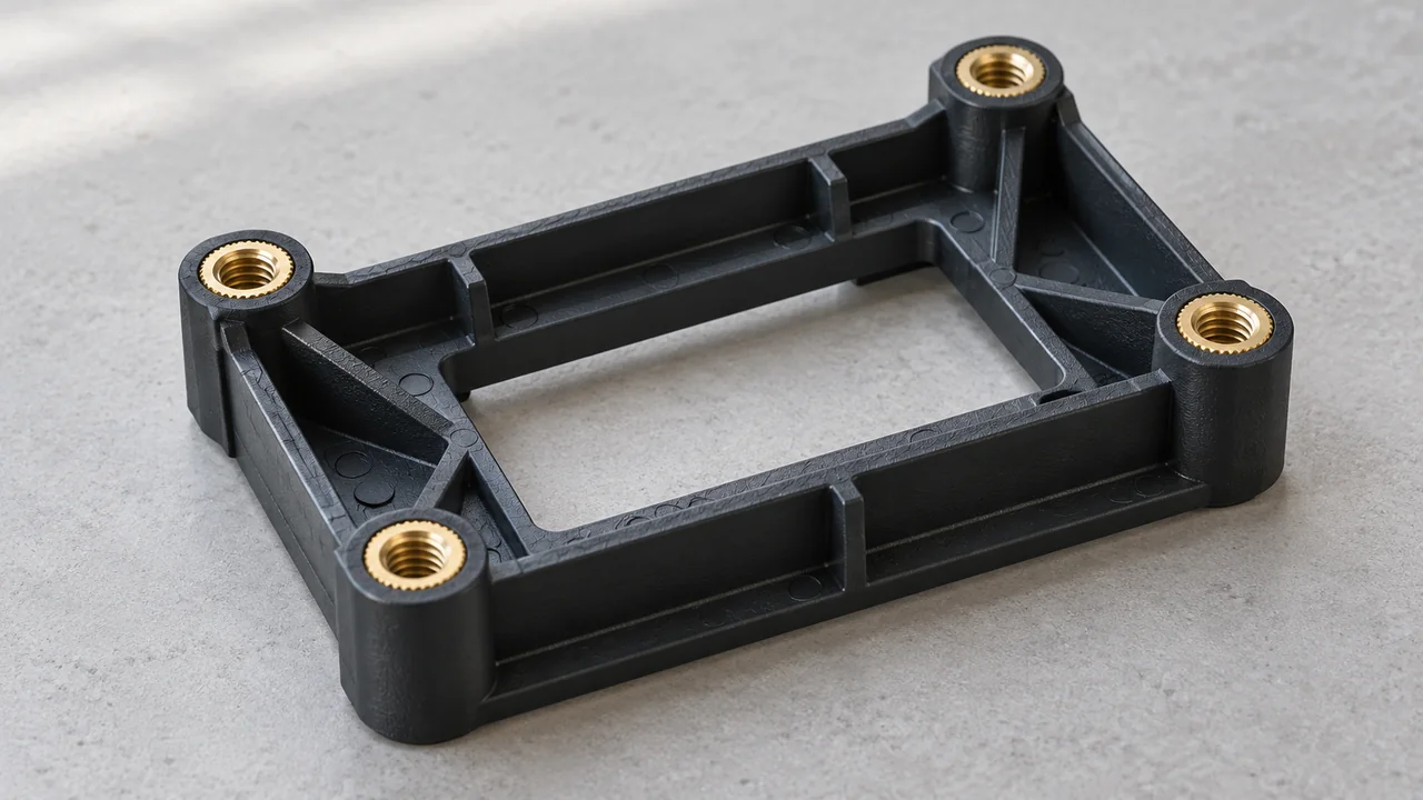 Plastic mounting bracket with brass threaded inserts