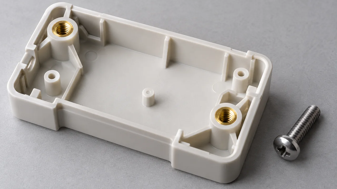 Molded housing with two brass female threaded inserts