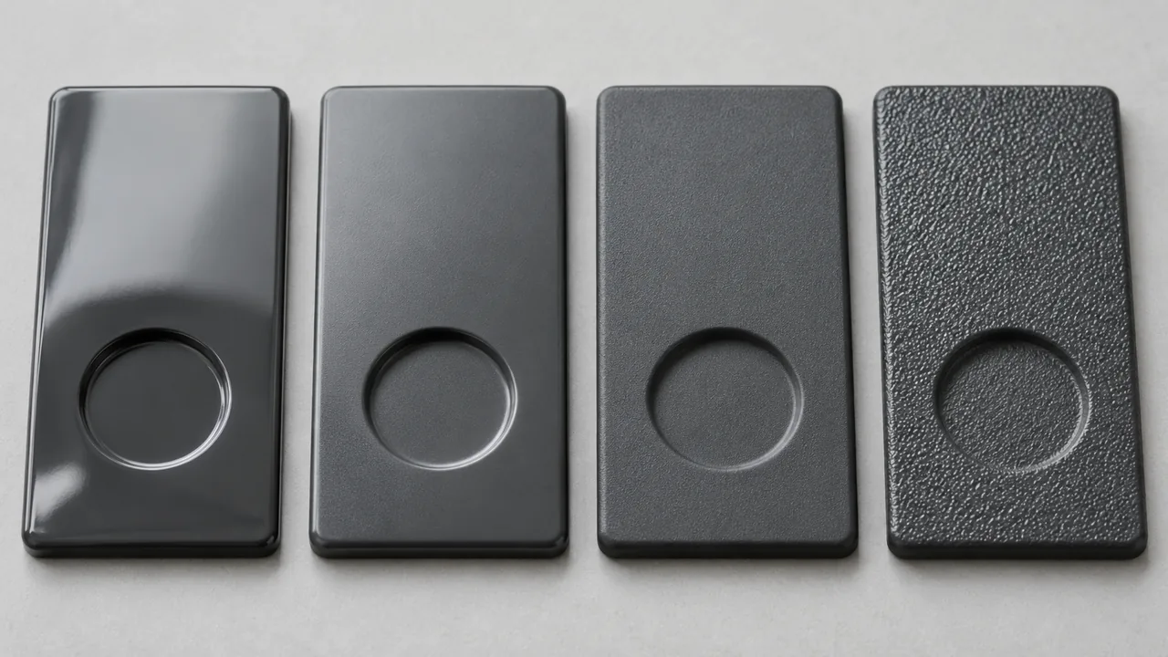 Plastic sample panels with gloss, satin, fine grain and textured surfaces