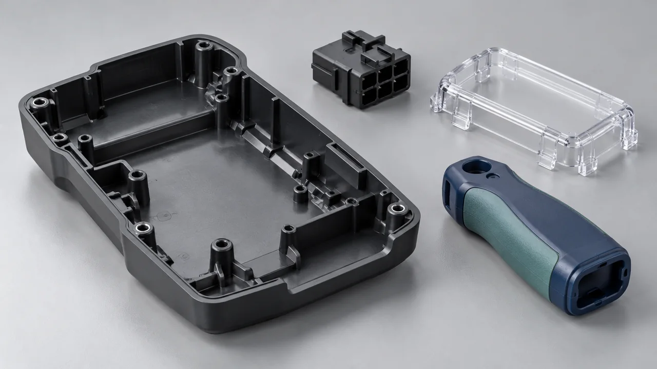 Molded housings, connectors, transparent covers and two-material components