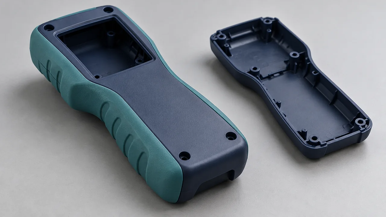 Rigid enclosure with soft grip and protective overmold regions
