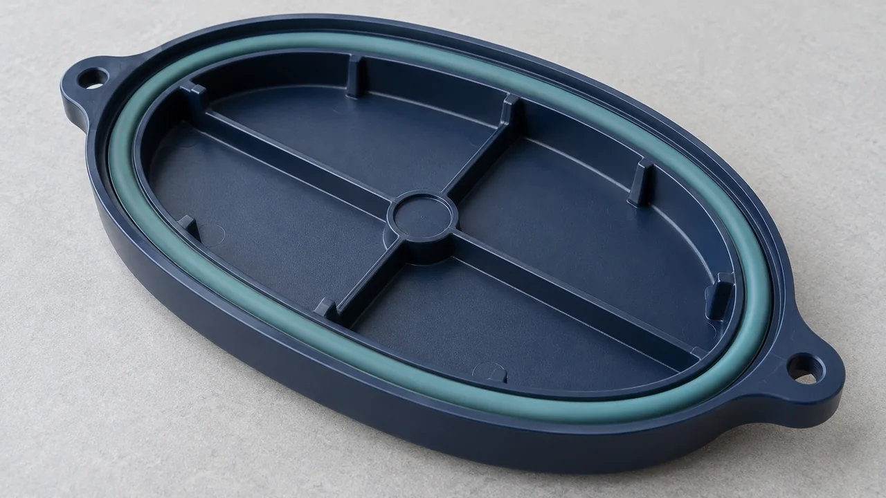 Rigid oval cover with integrated soft perimeter sealing bead