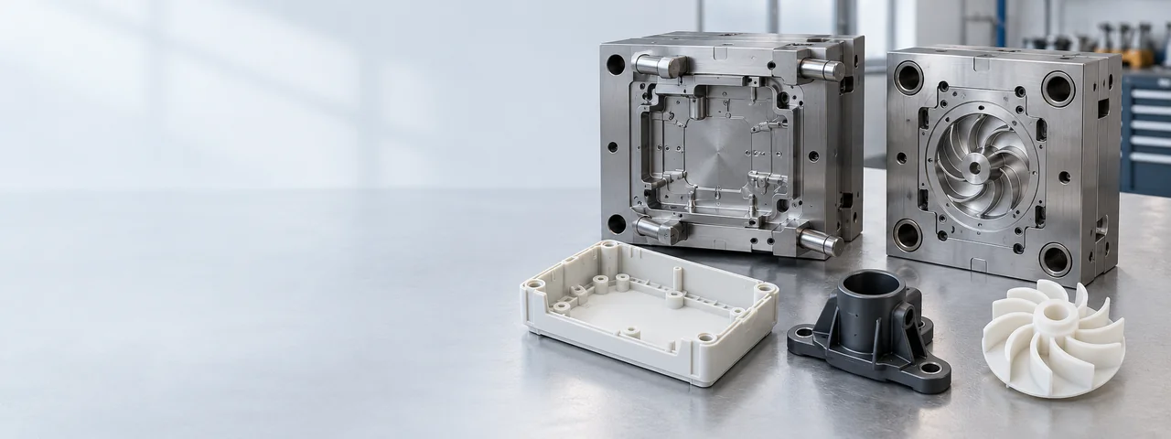 Illustrative arrangement of injection molds and custom plastic components