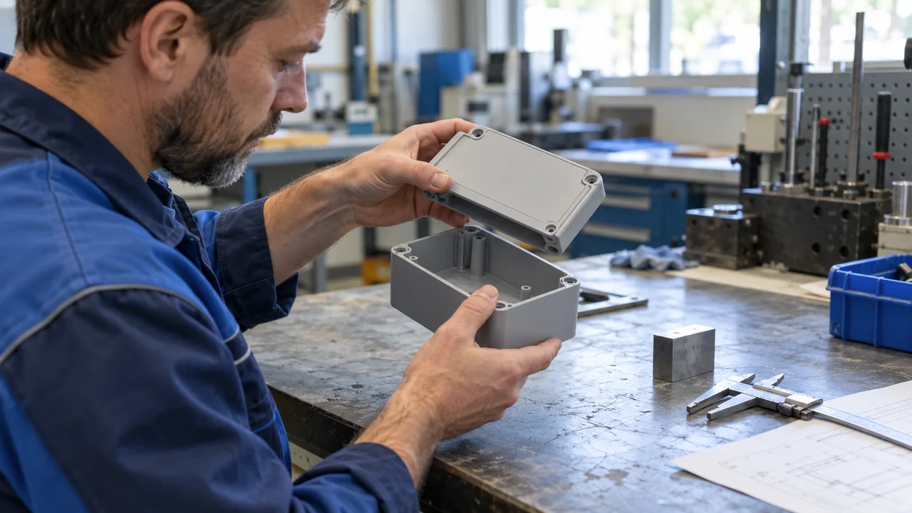 Technician checking the fit of a prototype enclosure and its cover