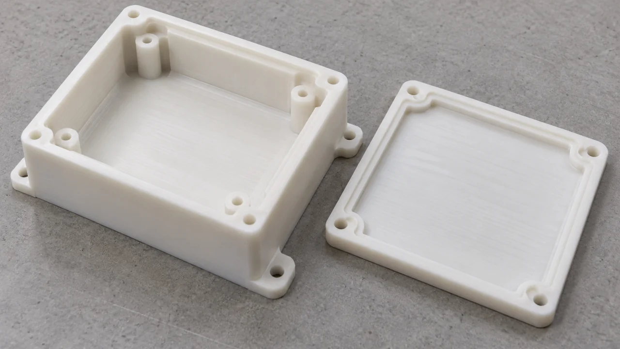 Machined plastic prototype housing and matching cover with mounting interfaces