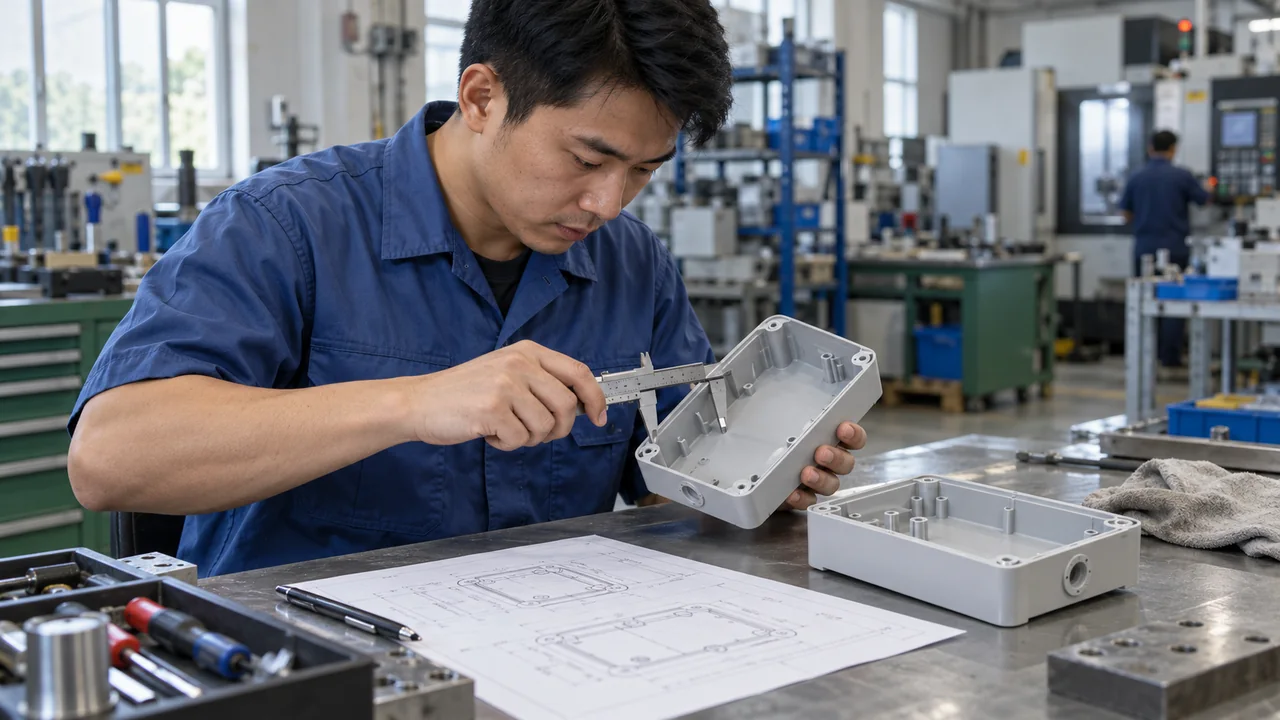 Engineer reviewing a prototype plastic enclosure with a caliper at a workbench