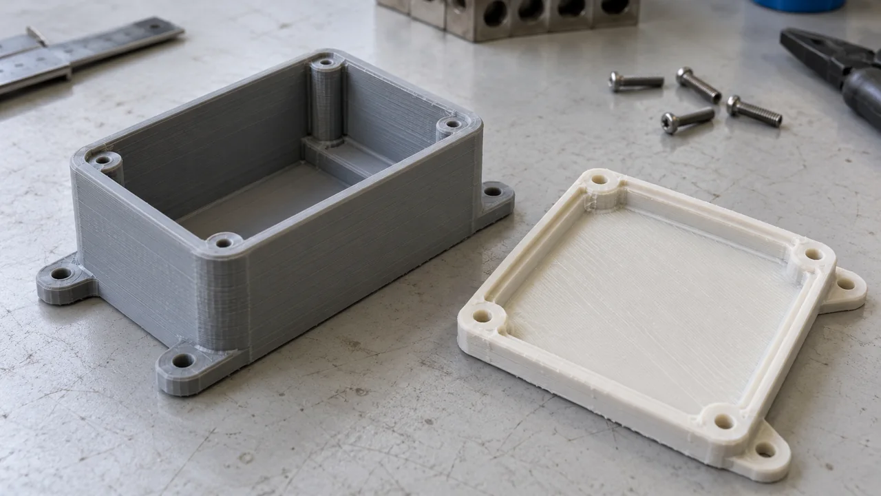 Printed enclosure samples with visible build layers and mating features
